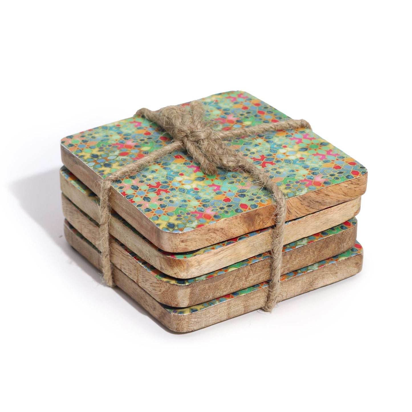 Set of 4 Square Coasters - Mediterranean Tile Pattern from our luxury mango wood bowls, trays & coasters collection