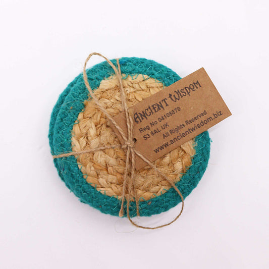Natural Coaster - Jute & Cotton 10cm (set of 4) - Teal Boarder from our luxury indian placemats collection