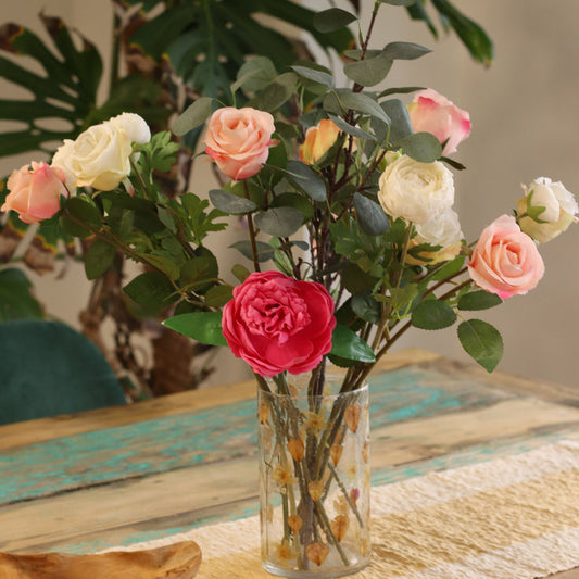 Detailed close up view highlighting the high quality craftsmanship and individual features of the natural floral glass tall vase candle holder rose 19x11cm438