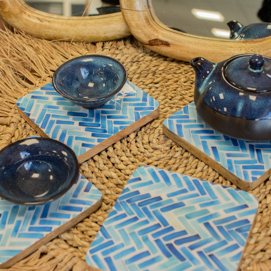 Set of 4 Square Coasters - Blue Stripes from our luxury mango wood bowls, trays & coasters collection