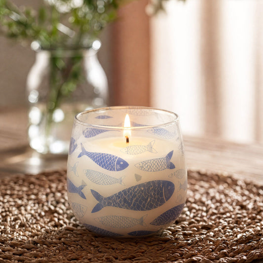 Detailed close up view highlighting the high quality craftsmanship and individual features of the medium glass jar candles seabreeze485