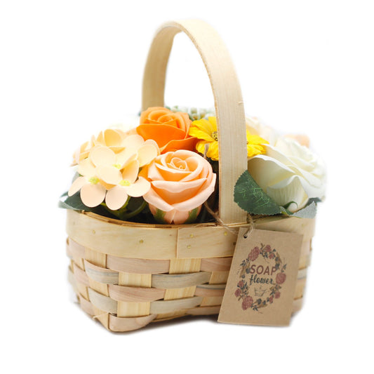 Detailed close up view highlighting the high quality craftsmanship and individual features of the medium orange bouquet in wicker basket849