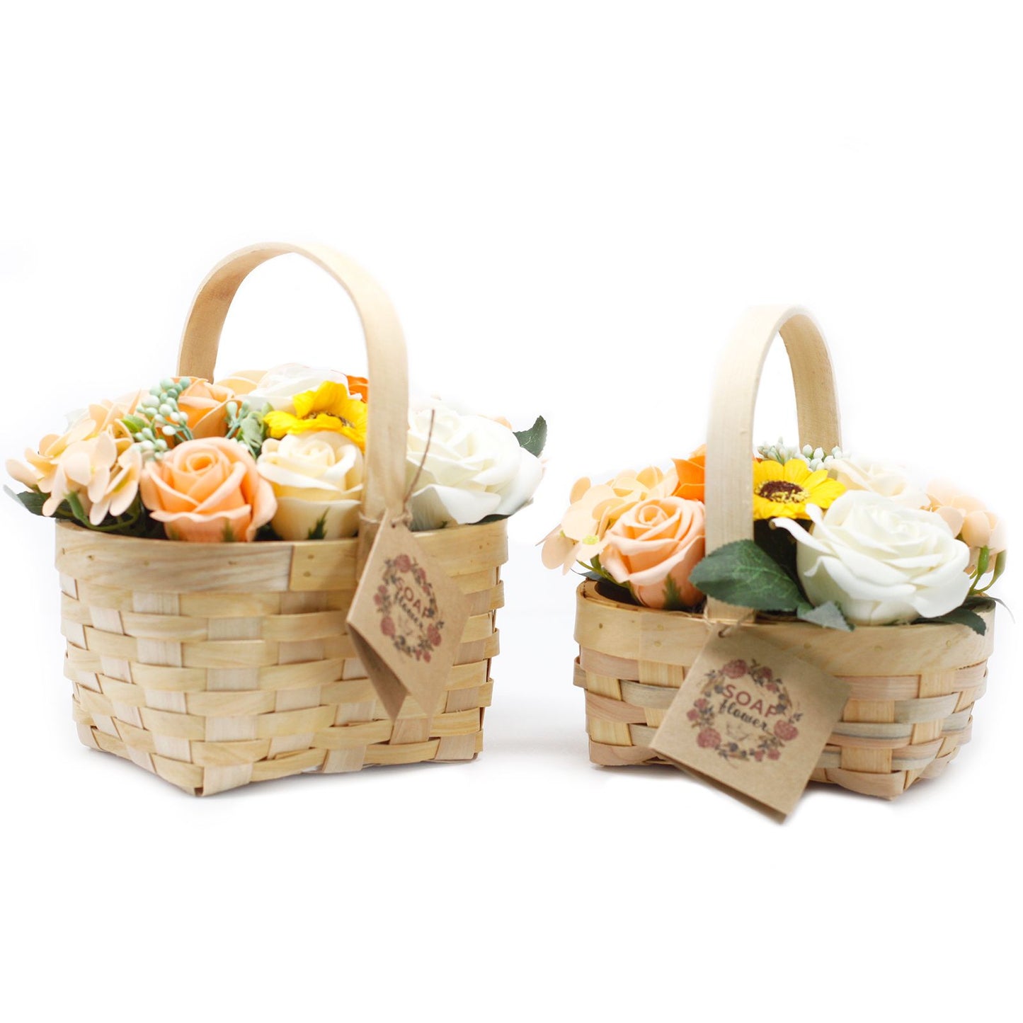 Detailed close up view highlighting the high quality craftsmanship and individual features of the medium orange bouquet in wicker basket849