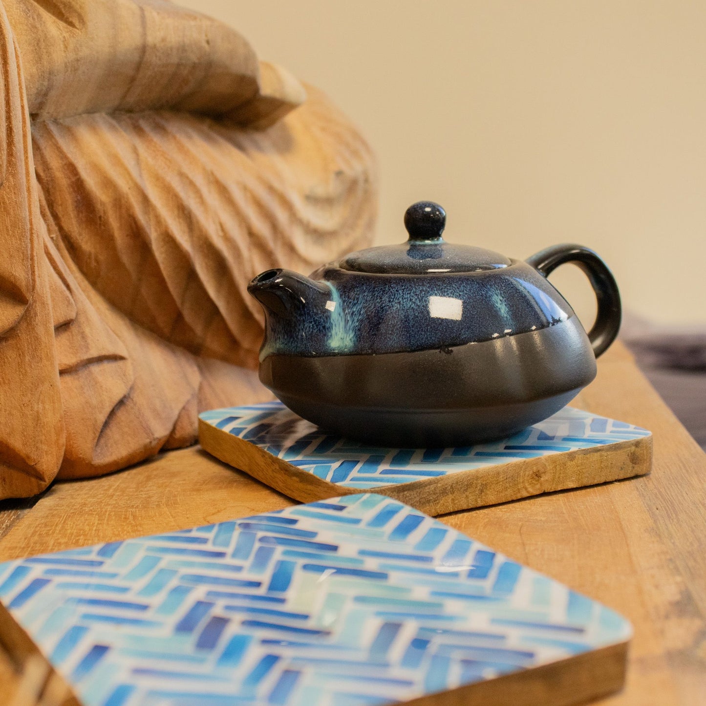 Set of 4 Square Coasters - Blue Stripes from our luxury mango wood bowls, trays & coasters collection