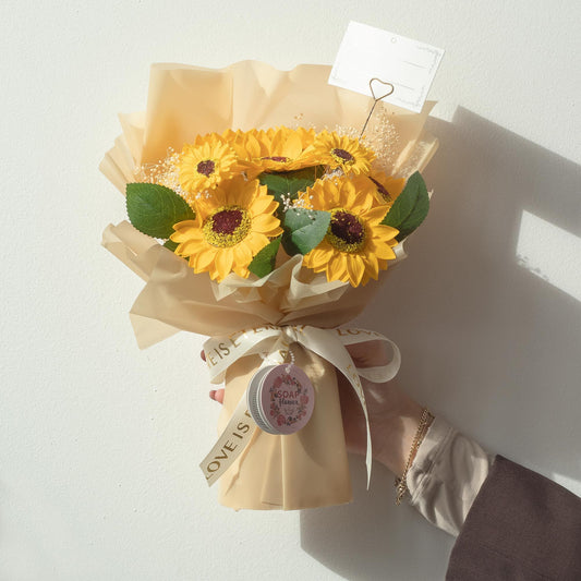 Detailed close up view highlighting the high quality craftsmanship and individual features of the large sunflowers bouquet love is eternal gift card830