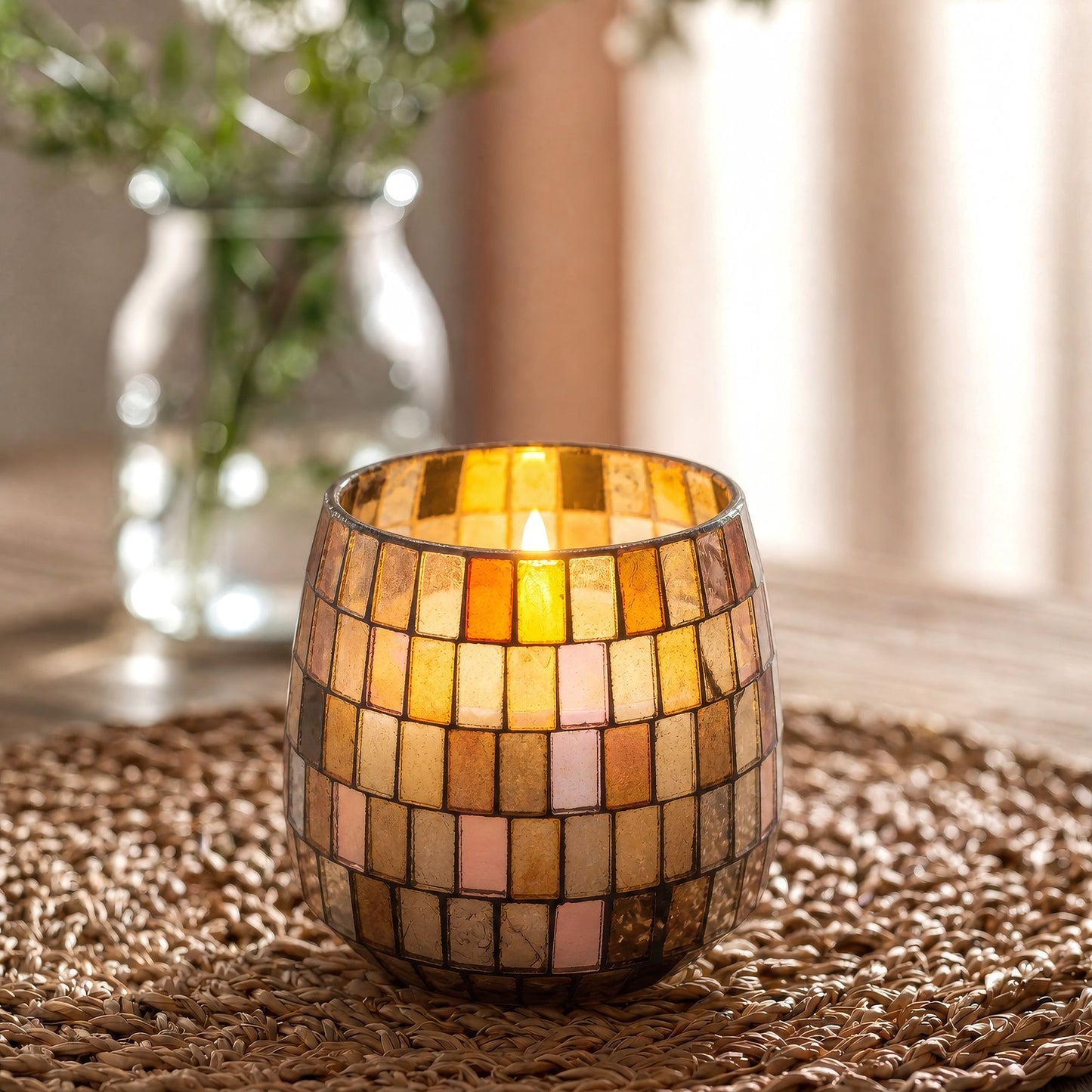 Detailed close up view highlighting the high quality craftsmanship and individual features of the medium glass jar candles amber mosaic503
