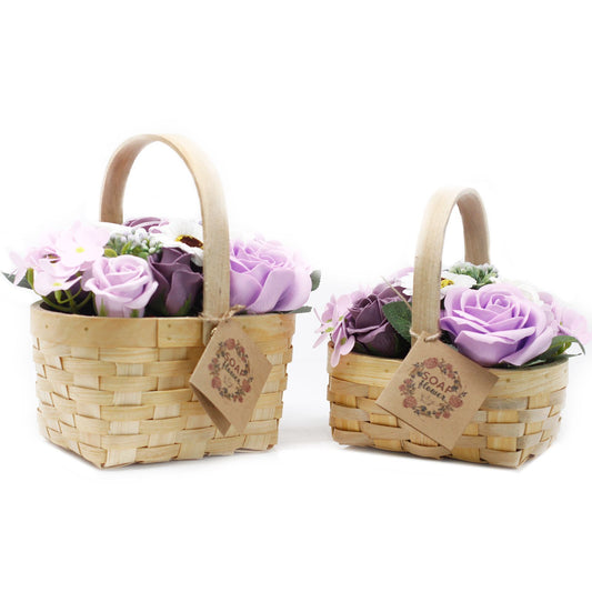 Detailed close up view highlighting the high quality craftsmanship and individual features of the medium lilac bouquet in wicker basket833
