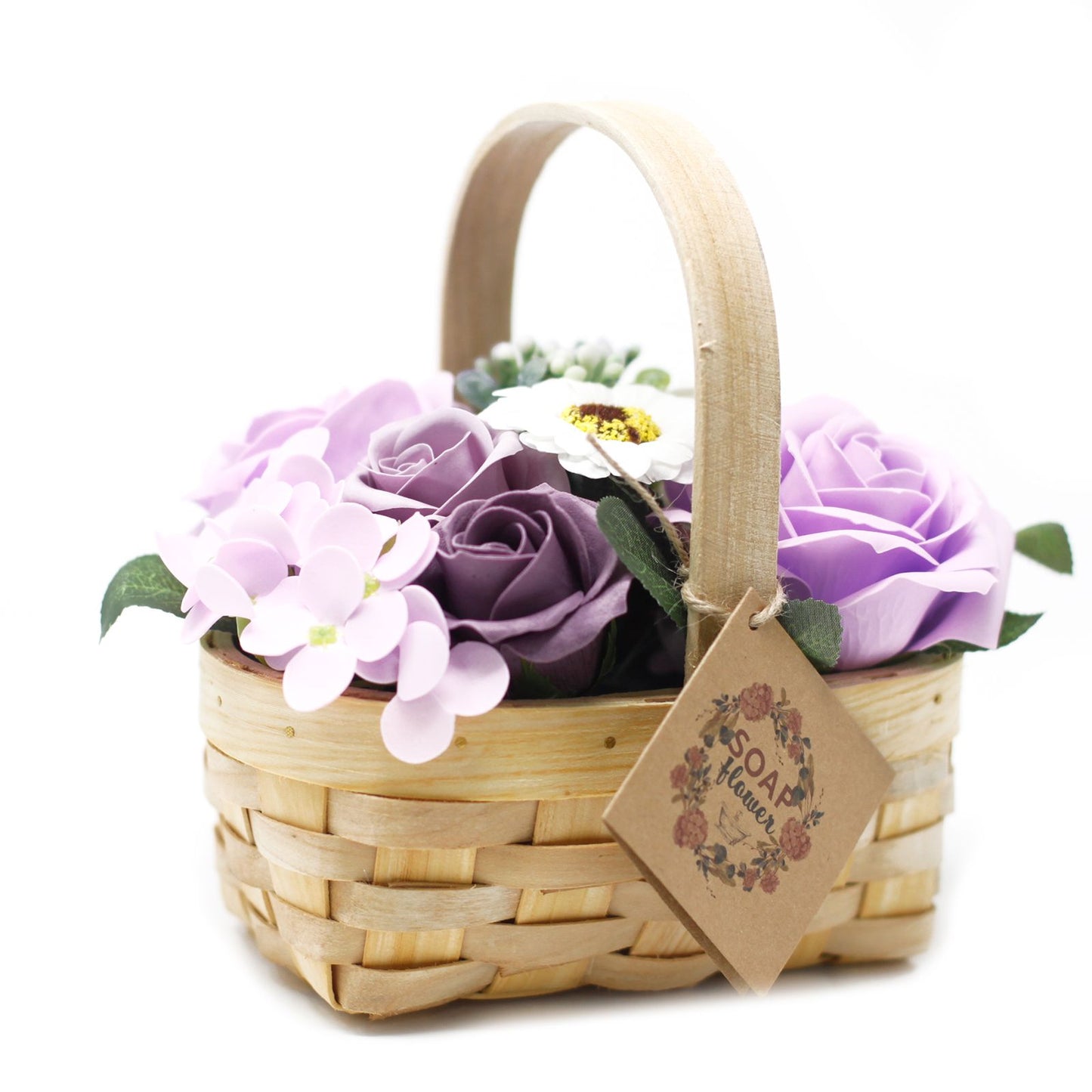 Detailed close up view highlighting the high quality craftsmanship and individual features of the medium lilac bouquet in wicker basket833