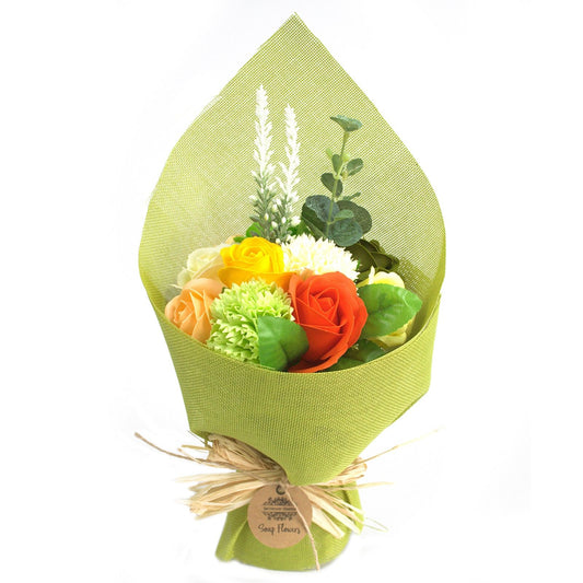 Detailed close up view highlighting the high quality craftsmanship and individual features of the standing soap flower bouquet green yellow837