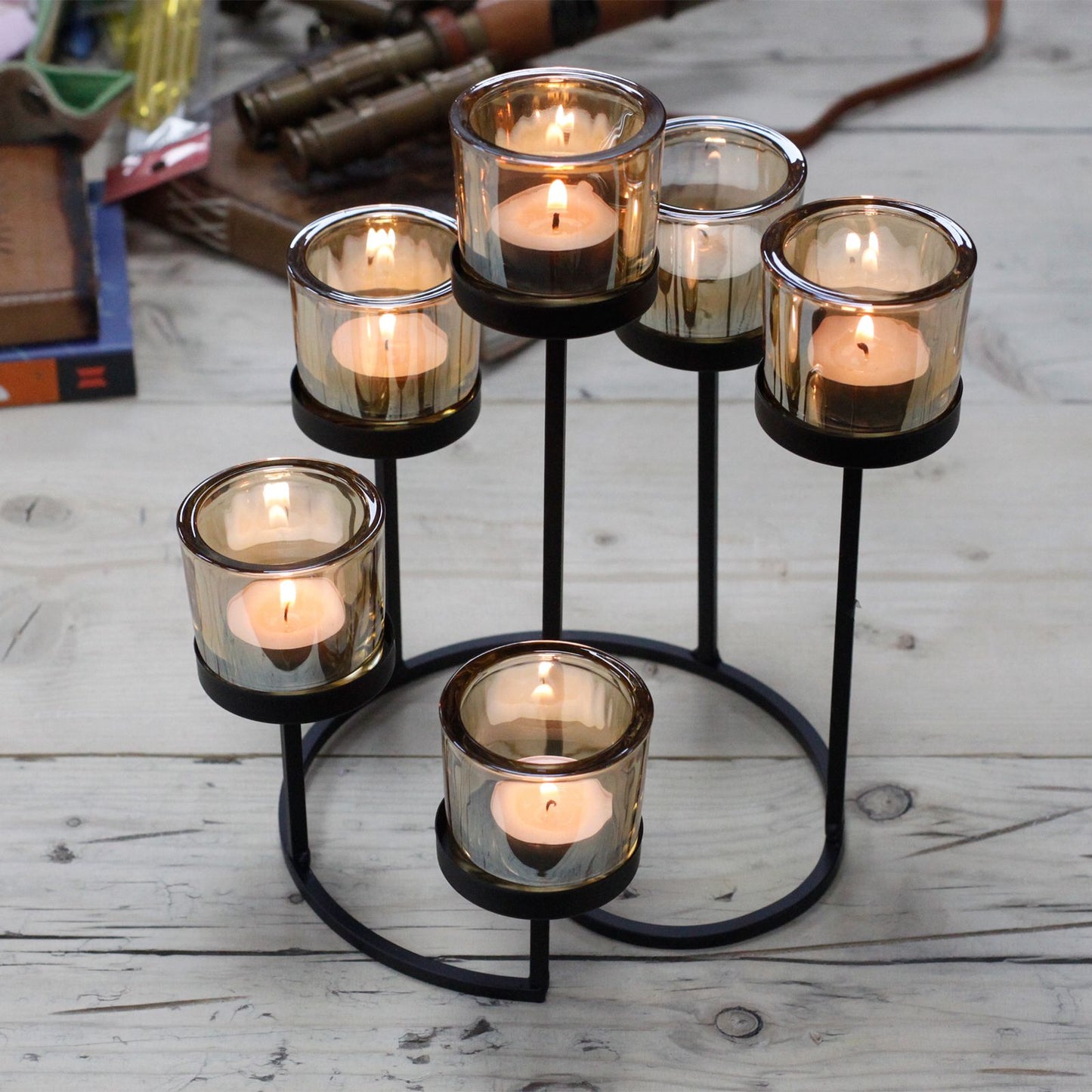 Detailed close up view highlighting the high quality craftsmanship and individual features of the centrepiece iron votive candle holder 6 cup circule tree444