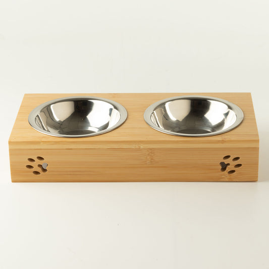 PAW Food Bowls - Double Stainless Steel in Wooden Stand - 2x12cm
