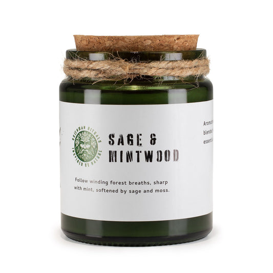 Detailed close up view highlighting the high quality craftsmanship and individual features of the greenman woodwick soy candle sage mintwood546