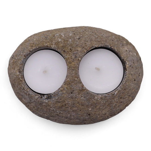 Detailed close up view highlighting the high quality craftsmanship and individual features of the natural riverstone candle holder double nightlight660