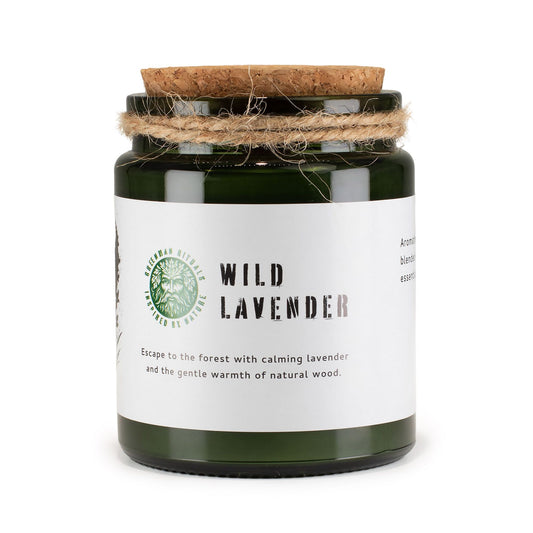 Detailed close up view highlighting the high quality craftsmanship and individual features of the greenman woodwick soy candle wild lavender521