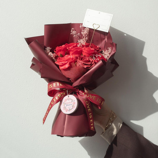 Detailed close up view highlighting the high quality craftsmanship and individual features of the large red roses bouquet love is eternal gift card826