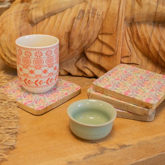 Set of 4 Square Coasters - Pretty Floral from our luxury mango wood bowls, trays & coasters collection