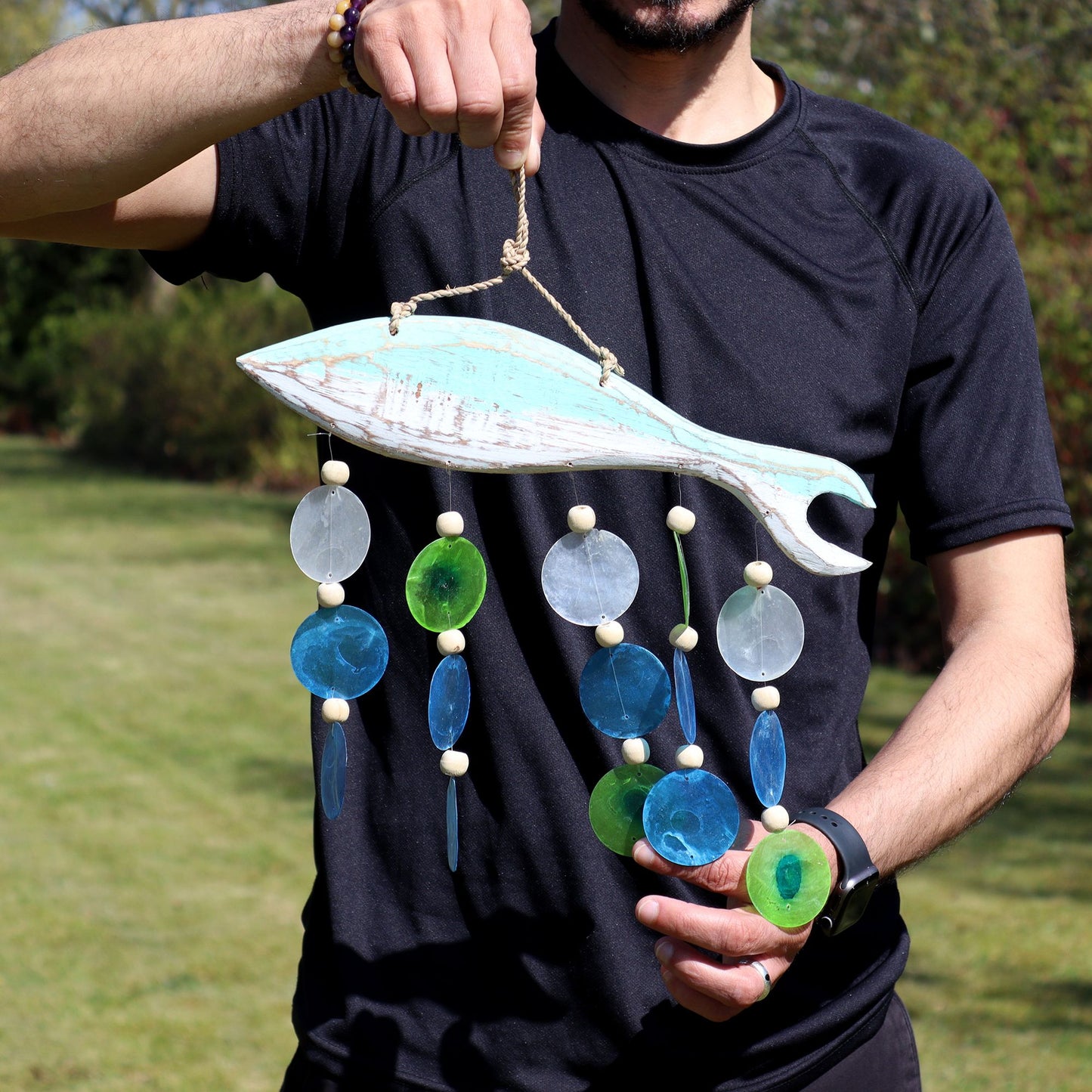 Aqua Fish Carving and Copis Drop from our luxury driftwood chime collection