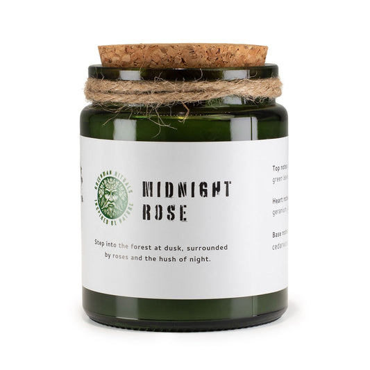 Detailed close up view highlighting the high quality craftsmanship and individual features of the greenman woodwick soy candle midnight rose413