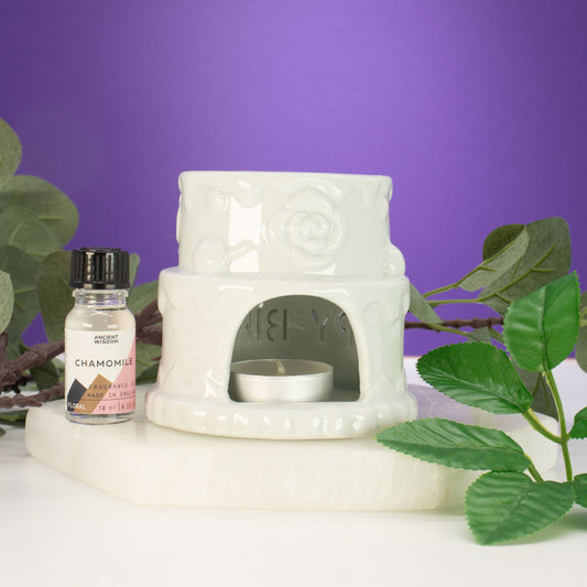 Ceramic Cake Oil Burner - HAPPY BIRTHDAY - White from our luxury ceramic zen oil burners collection