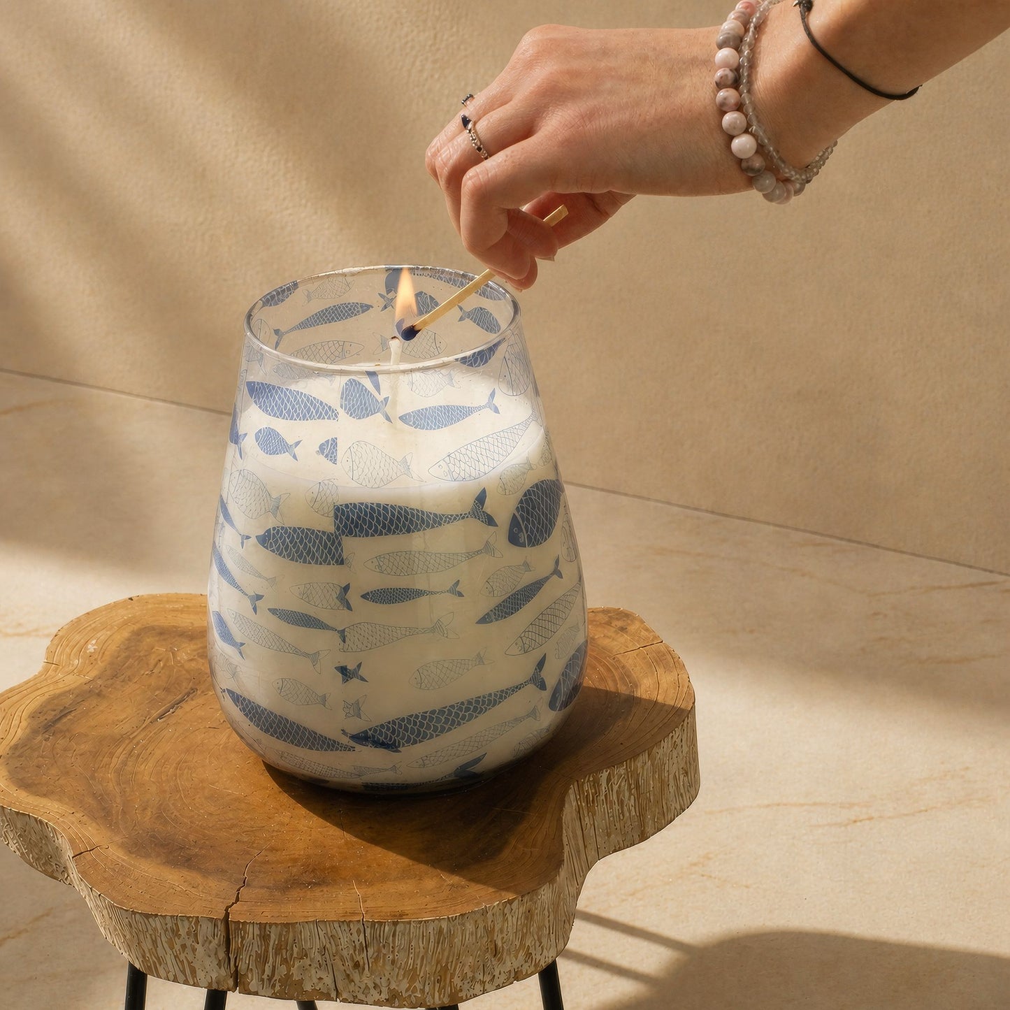 Detailed close up view highlighting the high quality craftsmanship and individual features of the tall glass jar candles seabreeze394