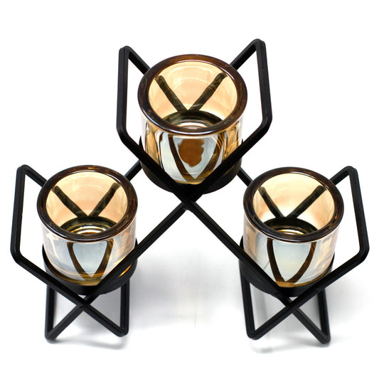 Detailed close up view highlighting the high quality craftsmanship and individual features of the centrepiece iron votive candle holder 3 cup triangle422