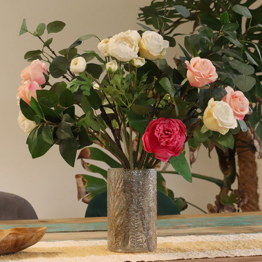 Detailed close up view highlighting the high quality craftsmanship and individual features of the natural floral glass tall vase candle holder pino 19x11cm419