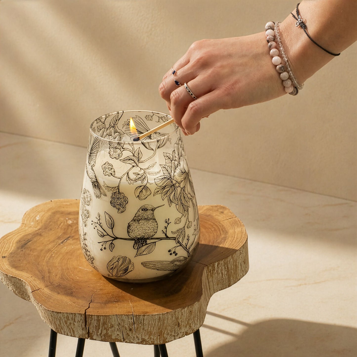 Detailed close up view highlighting the high quality craftsmanship and individual features of the tall glass jar candles drawn by flame513