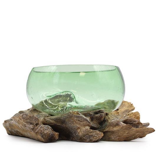 Photo 2 of Eco Recycled Glass Large Wide Bowl On Wood Art Ornament featuring authentic premium craftsmanship.