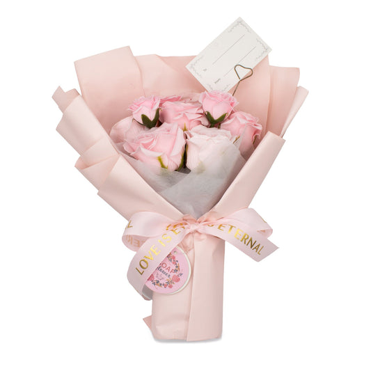 Detailed close up view highlighting the high quality craftsmanship and individual features of the large pink roses bouquet love is eternal gift card818