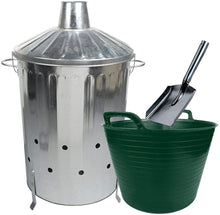Load image into Gallery viewer, 90L Large Galvanised Metal Incinerator with Special Locking Lid, Ash Shovel &amp; 42L DARK GREEN Plastic Flexi Tub
