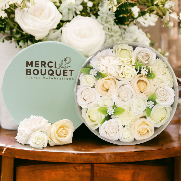 Soap flower box white cream roses