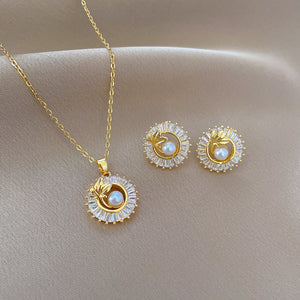 Fashion Jewelry Square Full Diamond Personalized Round Ring Leaves Necklace And Earrings Suite