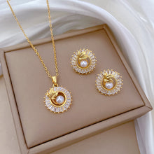 Charger l&#39;image dans la galerie, Fashion Jewelry Square Full Diamond Personalized Round Ring Leaves Necklace And Earrings Suite
