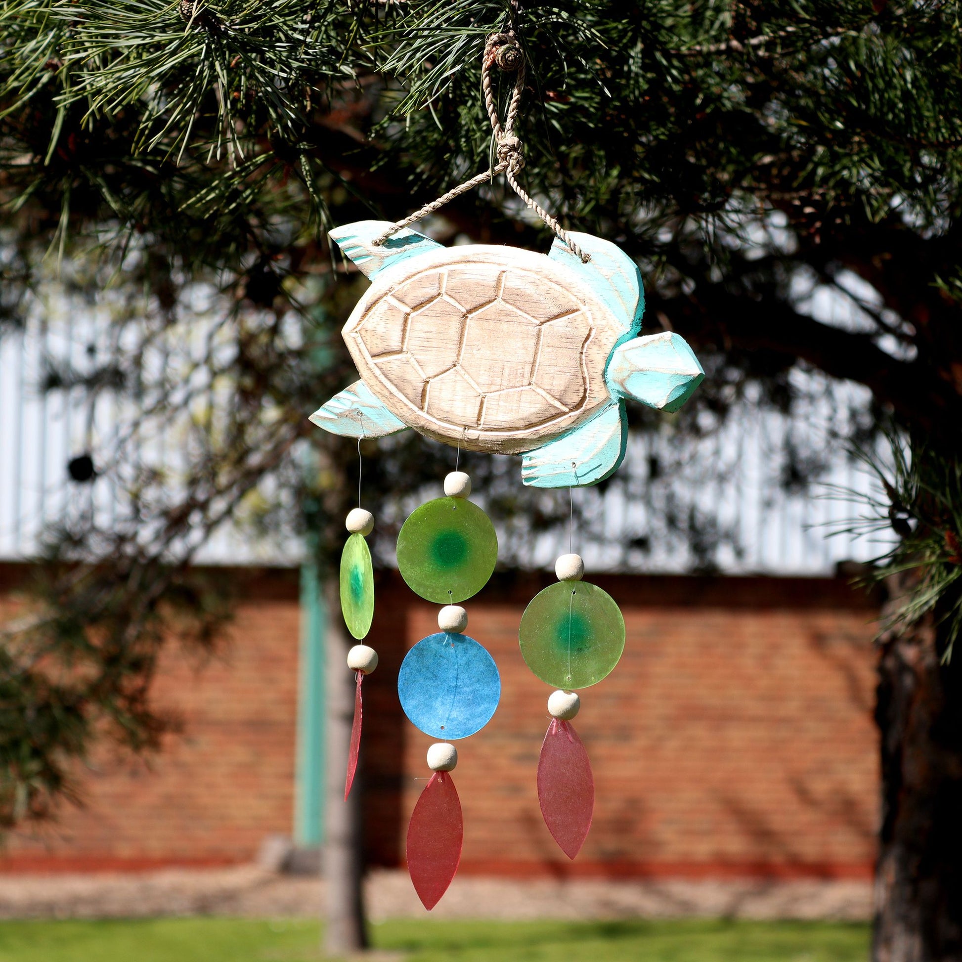 Aqua Turtle Carving and Copis Drop from our luxury driftwood chime collection