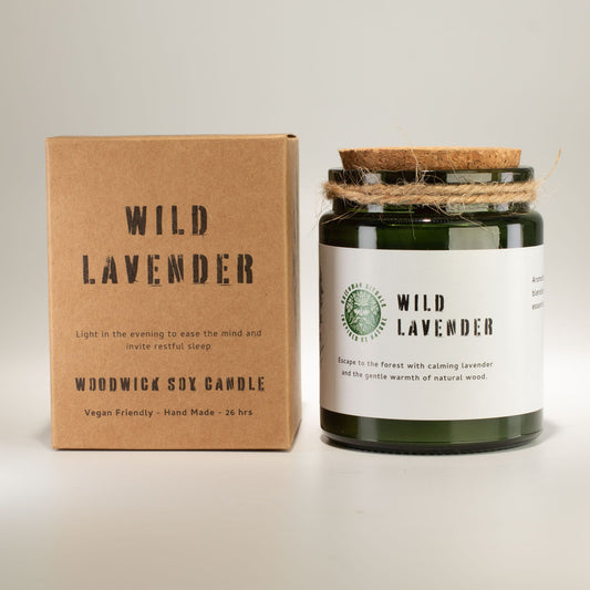Luxury presentation of the greenman woodwick soy candle wild lavender521 showing the premium artisan packaging and complete set contents