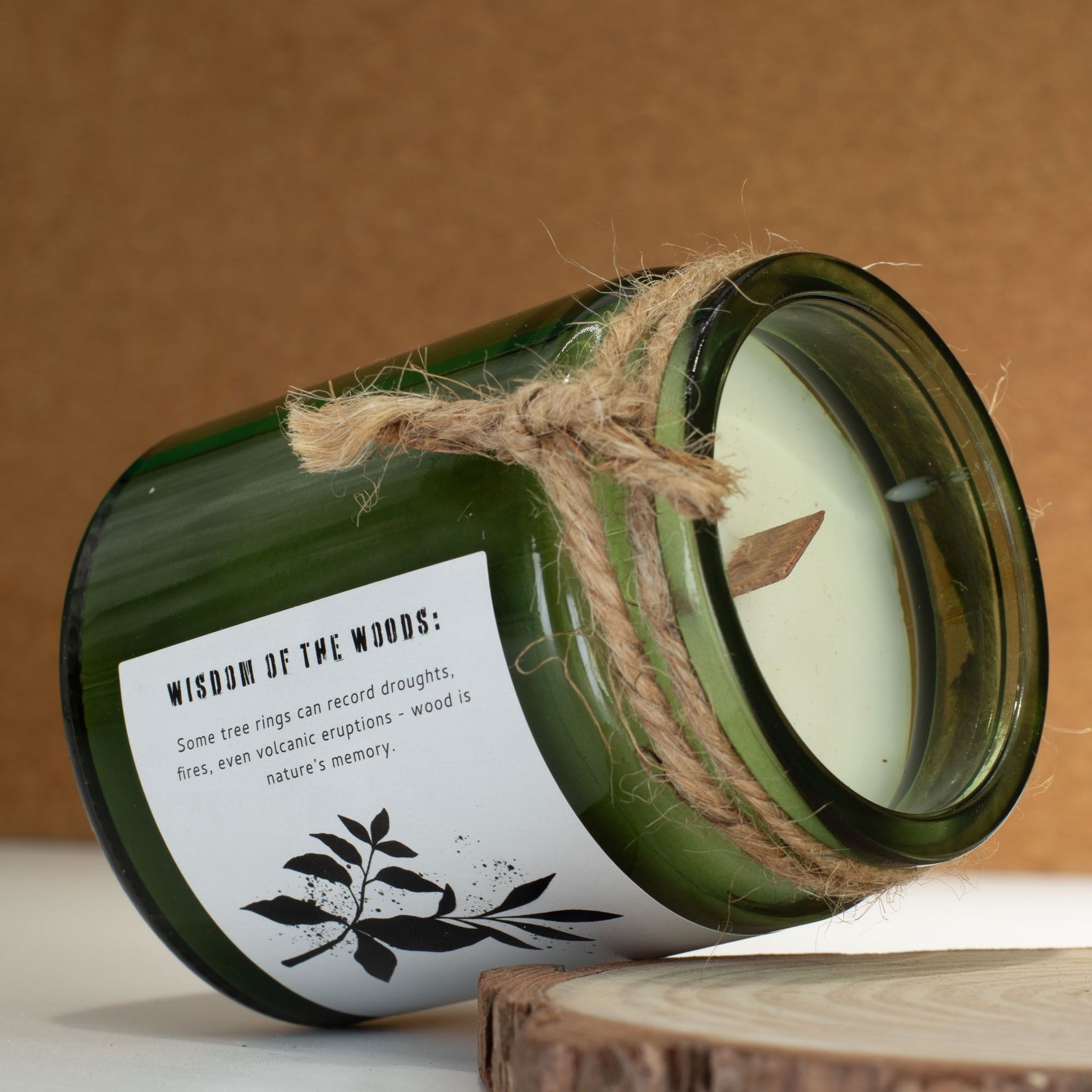 Detailed close up view highlighting the high quality craftsmanship and individual features of the greenman woodwick soy candle sage mintwood546