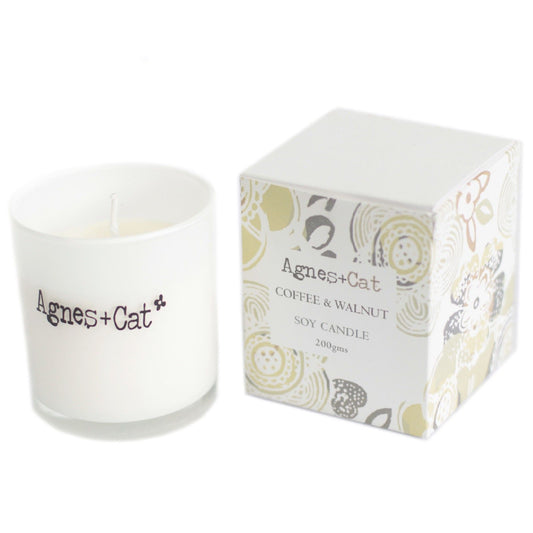 Luxury presentation of the agnes cat votive candle coffee and walnut602 showing the premium artisan packaging and complete set contents