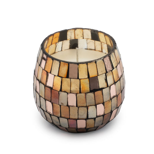 Luxury presentation of the small glass jar candles amber mosaic425 showing the premium artisan packaging and complete set contents