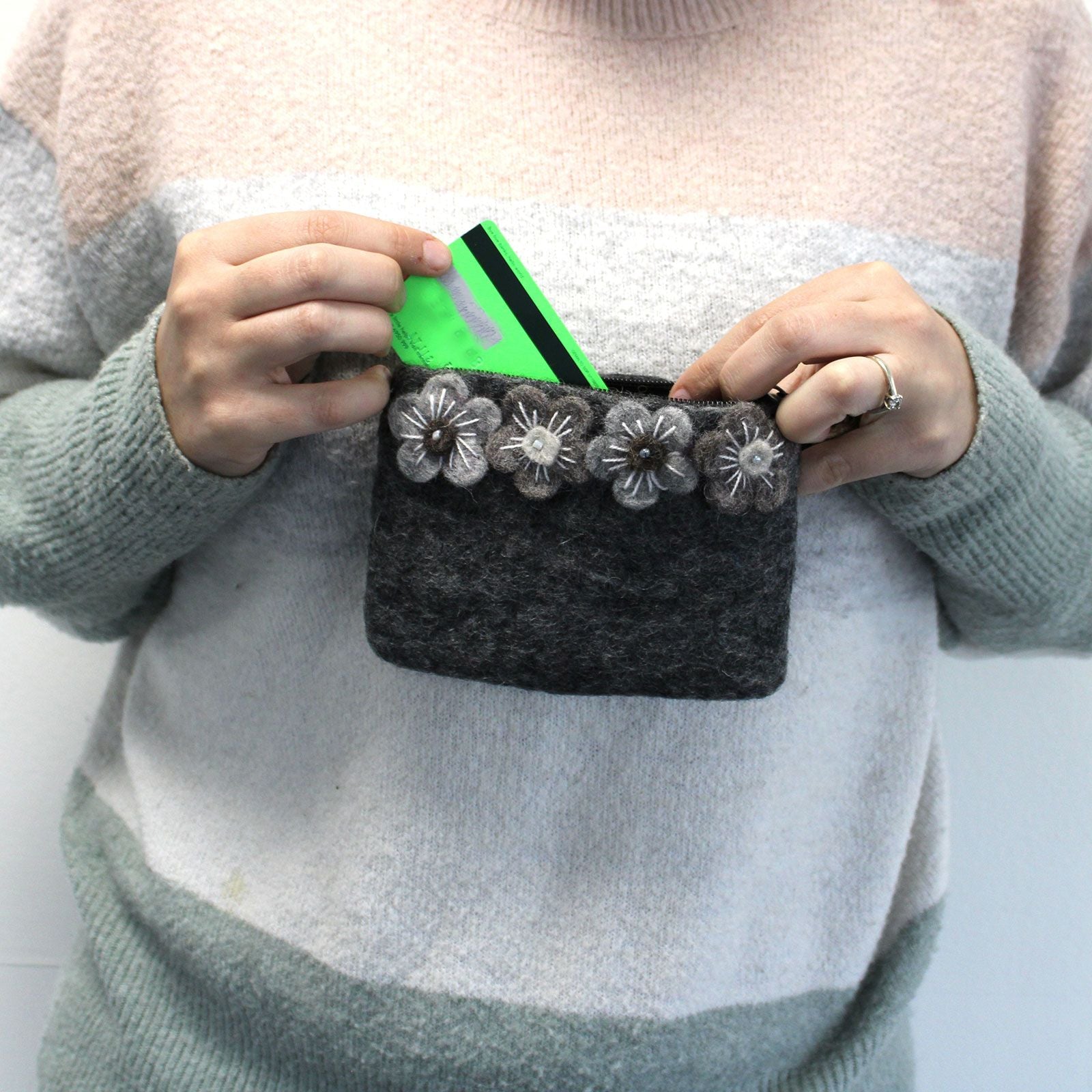 Natural Felt Zipper Pouch (asst) - Four Flowers lifestyle product photo on neutral background