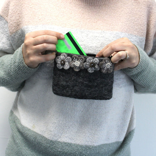 Natural Felt Zipper Pouch (asst) - Four Flowers lifestyle product photo on neutral background