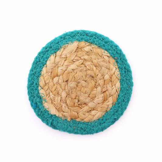 Natural Coaster - Jute & Cotton 10cm  (set of 4) - Teal Boarder from our luxury indian placemats collection