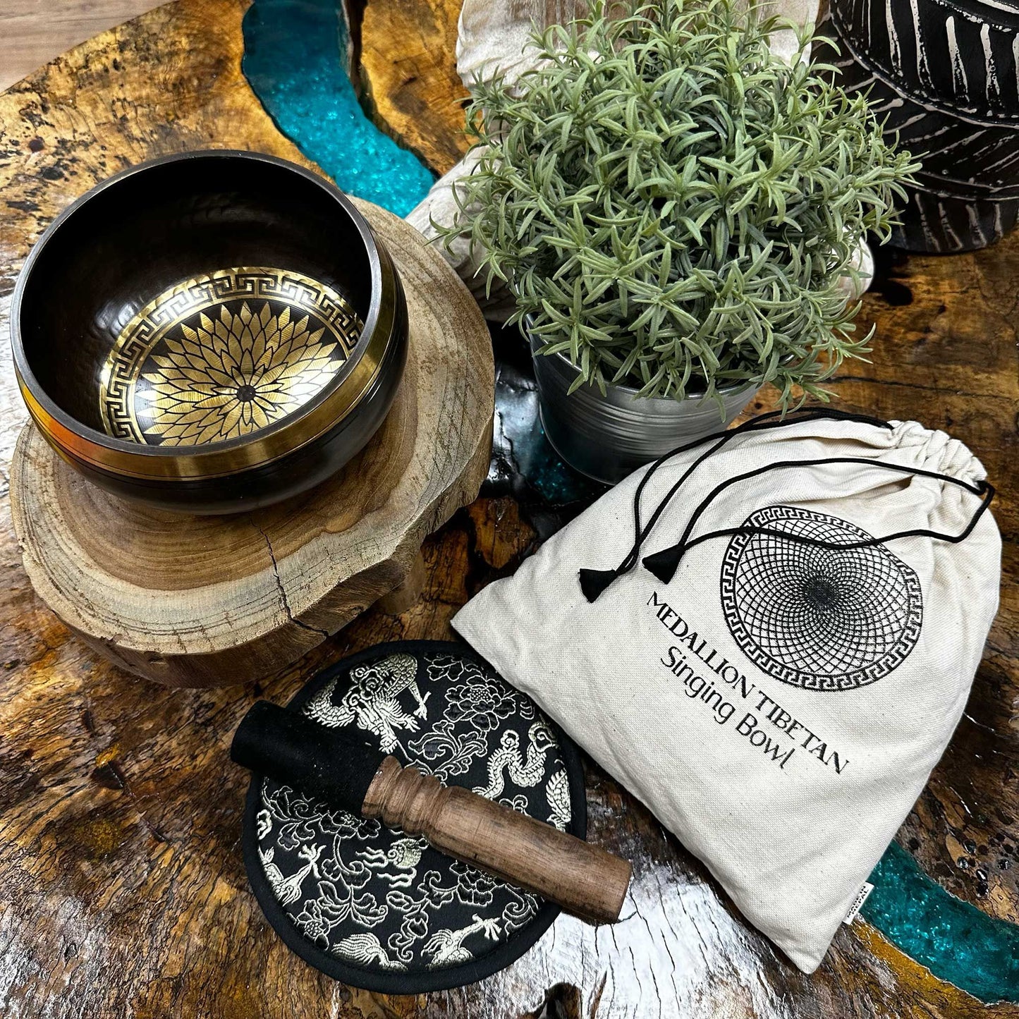 Hand Beaten & Engraved Singing Bowl Gift Set - 14cm - Round Medallions lifestyle product photo on neutral background
