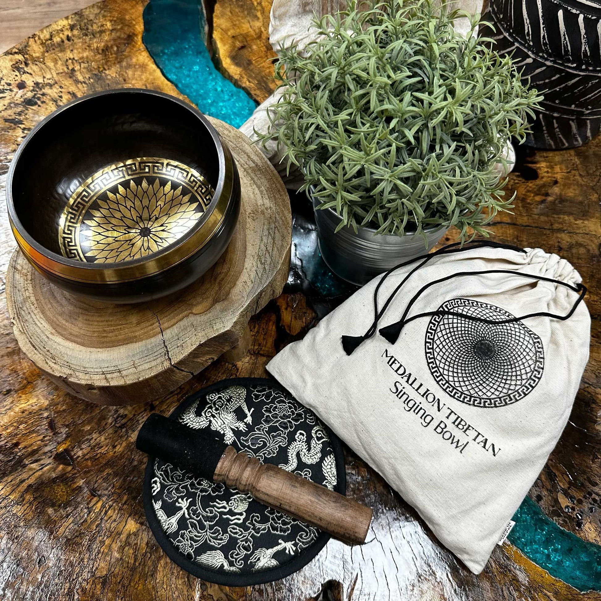 Hand Beaten & Engraved Singing Bowl Gift Set - 14cm - Round Medallions lifestyle product photo on neutral background