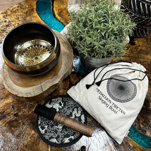 Hand Beaten & Engraved Singing Bowl Gift Set - 14cm - Round Medallions lifestyle product photo on neutral background