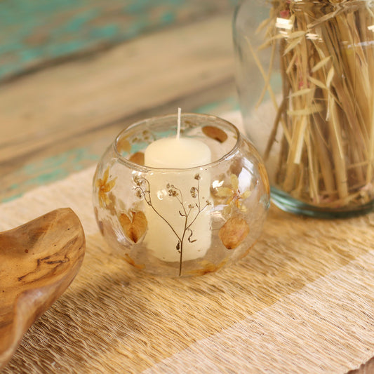 Luxury presentation of the natural floral glass large bowl candle holder rosa 12x13cm644 showing the premium artisan packaging and complete set contents