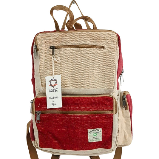 Large Boxy Hemp Backpack - Wine & Cream lifestyle product photo on neutral background