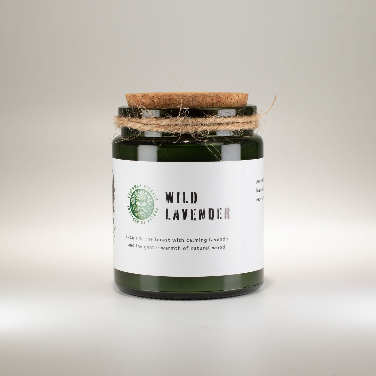 Detailed close up view highlighting the high quality craftsmanship and individual features of the greenman woodwick soy candle wild lavender521