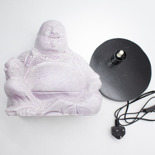 Laughing Buddha Lamp Lavender Crackle - Round Stand lifestyle product photo on neutral background