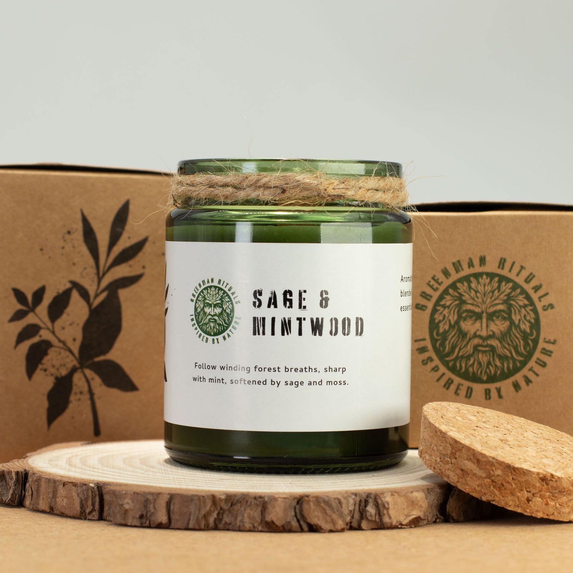 Detailed close up view highlighting the high quality craftsmanship and individual features of the greenman woodwick soy candle sage mintwood546