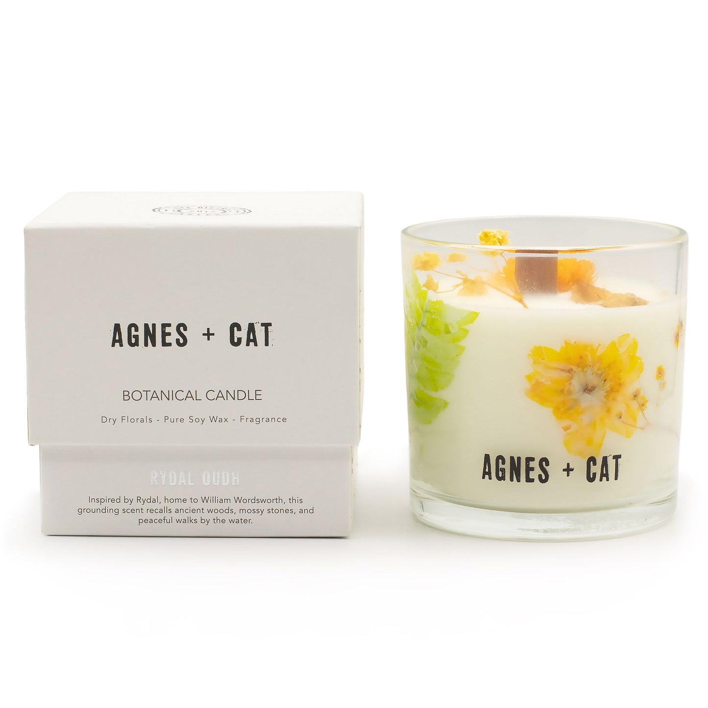 Detailed close up view highlighting the high quality craftsmanship and individual features of the agnes cat botanical soy wax candle rydal oudh575